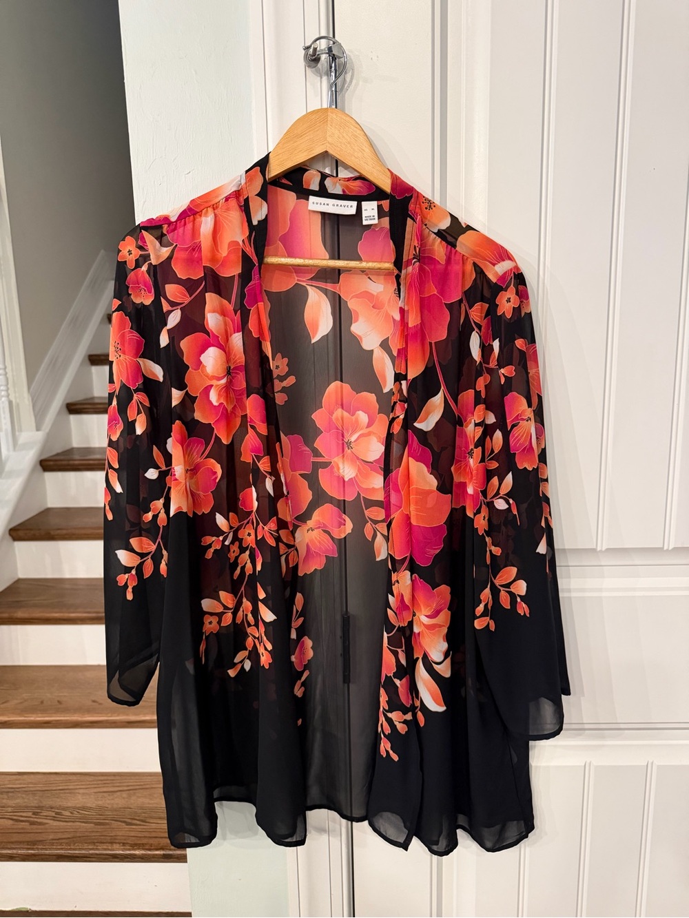 Susan Graver Black Sheer Kimono with Pink and Orange Floral Print XL